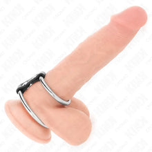 KINK - ANEL DE PÊNIS DUPLO DE METAL 3,7 CM A 5 CM CONECTADO POR TIRA DE COURO MODELO 2 - Sexshoptuga  Sexshoptuga 