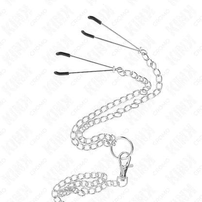 KINK - ANEL DE PÊNIS TRIPLO DE METAL CROMADO DE 3,8 CM A 5 CM COM CORRENTE DE METAL DE 26 CM E GRAMPOS DE MAMILOS MODELO 2 - Sexshoptuga 