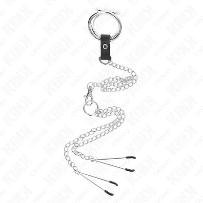 KINK - ANEL DE PÊNIS DE METAL TRIPLO CROMADO DE 3 CM A 4,5 CM COM CORRENTE DE METAL DE 26 CM E CLIPES DE MAMILO - Sexshoptuga 