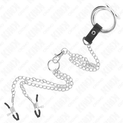 KINK - ANEL DE PÊNIS TRIPLO DE METAL CROMADO DE 3,8 CM A 5 CM COM CORRENTE DE METAL DE 26 CM E GRAMPOS DE MAMILOS MODELO 1 - Sexshoptuga 