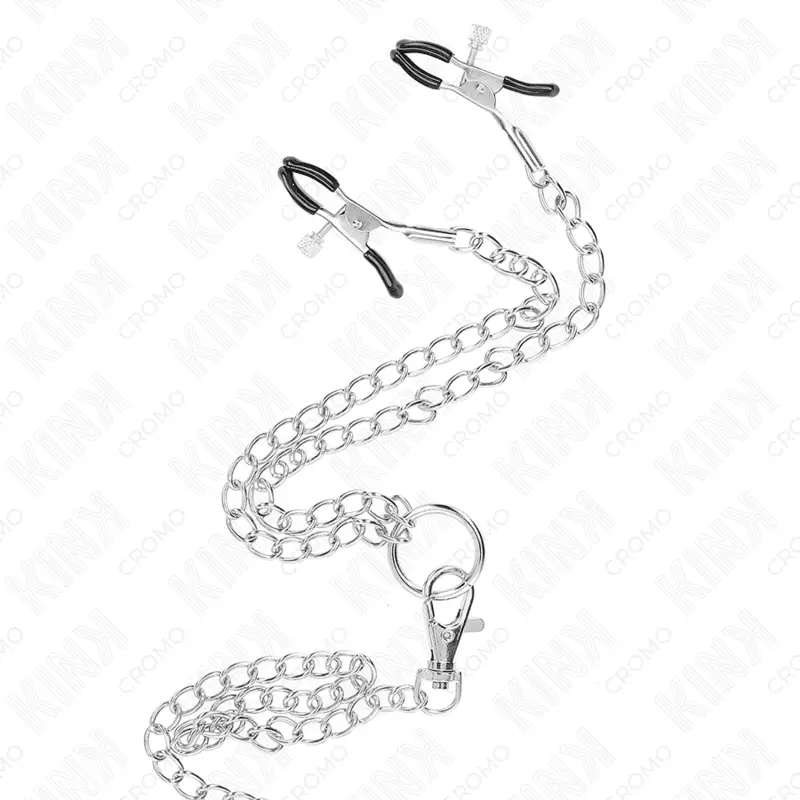 KINK - ANEL DE PÊNIS TRIPLO DE METAL CROMADO DE 3,8 CM A 5 CM COM CORRENTE DE METAL DE 26 CM E GRAMPOS DE MAMILOS MODELO 1 - Sexshoptuga 