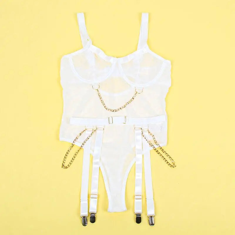 SUBBLIME - 954284 BODY COM CORRENTES + CINTA-LIGA BRANCO S/M - Sexshoptuga 