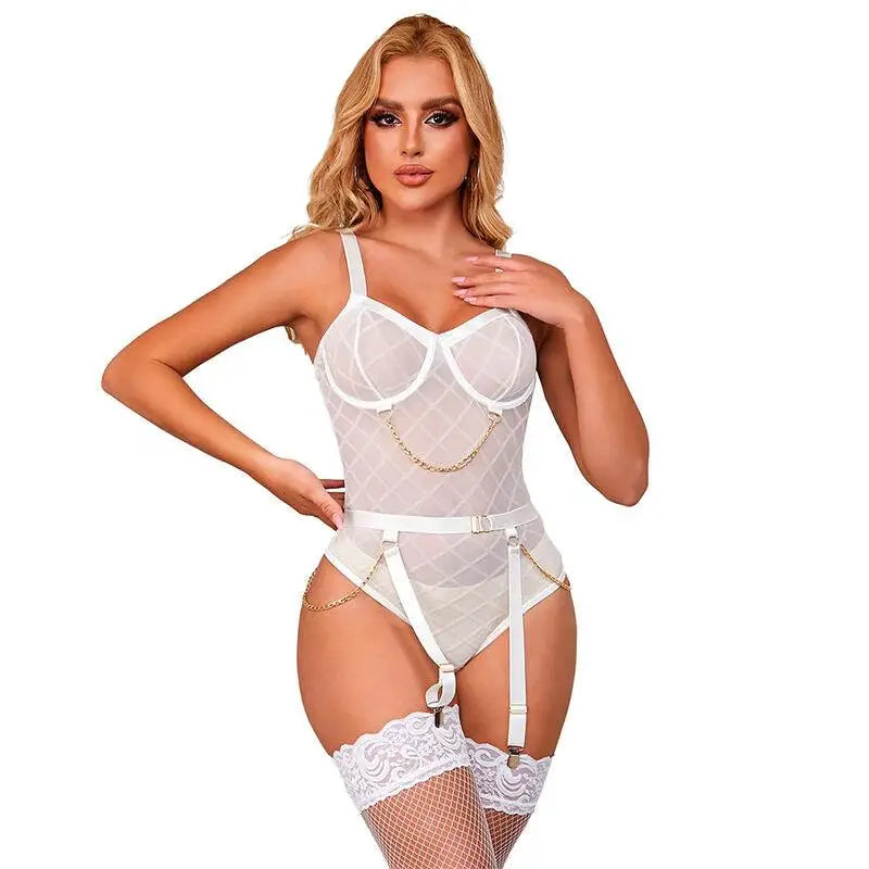 SUBBLIME - 954284 BODY COM CORRENTES + CINTA-LIGA BRANCO S/M - Sexshoptuga 