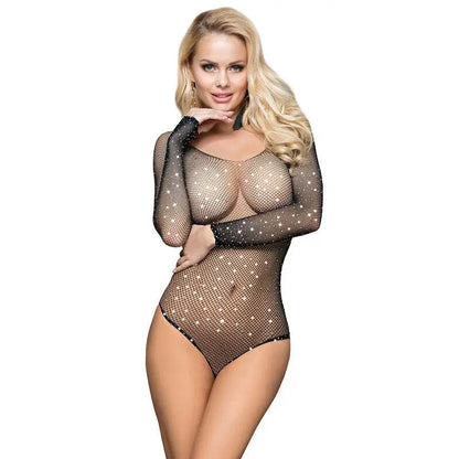 SUBBLIME - 952297 BODY DE REDE ARRASTADORA BRILHANTE COM OMBROS DE FORA MANGA LONGA PRETO TAMANHO ÚNICO - Sexshoptuga 