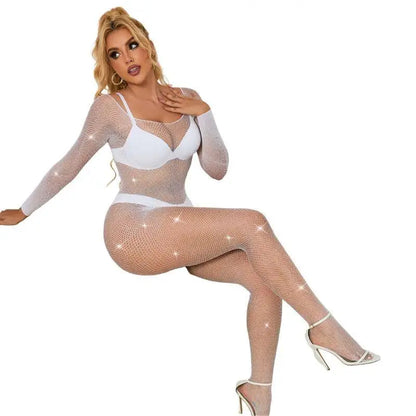 SUBBLIME - 952396 BODYSTOCKING DE REDE COM DIAMANTES MANGA COMPRIDA BRANCO TAMANHO ÚNICO - Sexshoptuga 