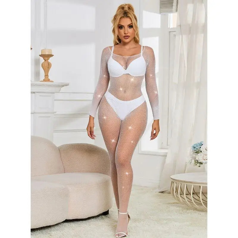 SUBBLIME - 952396 BODYSTOCKING DE REDE COM DIAMANTES MANGA COMPRIDA BRANCO TAMANHO ÚNICO - Sexshoptuga 