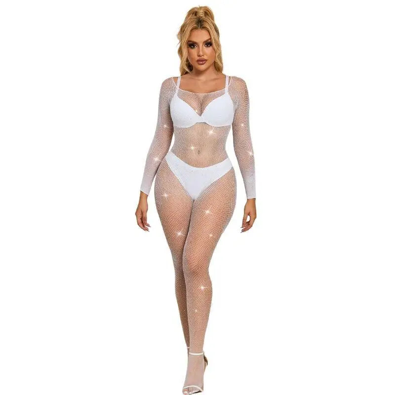 SUBBLIME - 952396 BODYSTOCKING DE REDE COM DIAMANTES MANGA COMPRIDA BRANCO TAMANHO ÚNICO - Sexshoptuga 