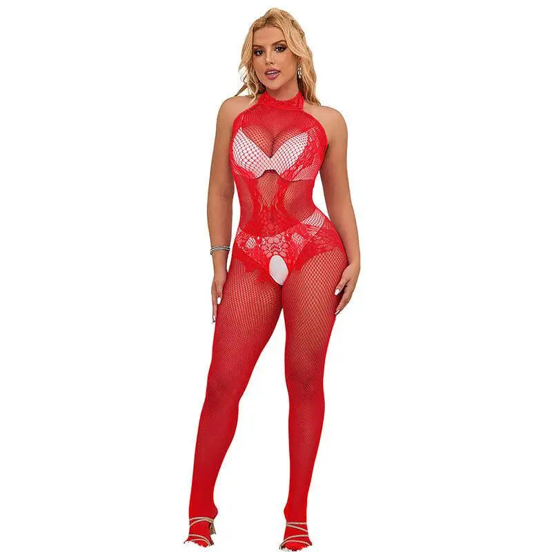 SUBBLIME - 952372 BODYSTOCKING SEM FUNDO DE REDE E RENDA COM GOLA ALTA VERMELHO TAMANHO ÚNICO - Sexshoptuga 