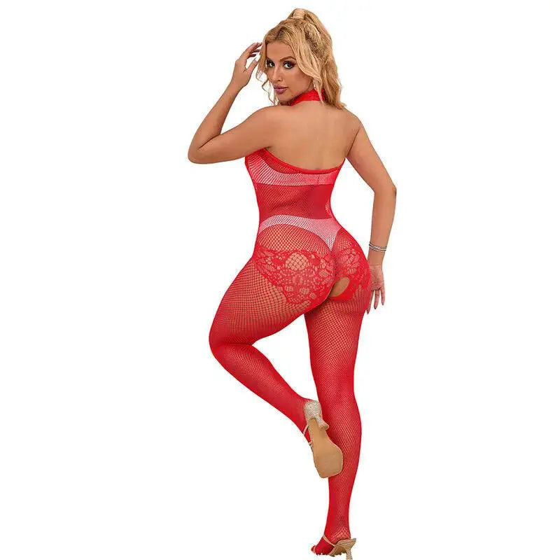 SUBBLIME - 952372 BODYSTOCKING SEM FUNDO DE REDE E RENDA COM GOLA ALTA VERMELHO TAMANHO ÚNICO - Sexshoptuga 