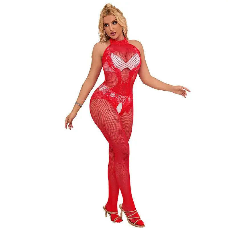 SUBBLIME - 952372 BODYSTOCKING SEM FUNDO DE REDE E RENDA COM GOLA ALTA VERMELHO TAMANHO ÚNICO - Sexshoptuga 