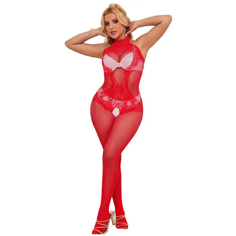 SUBBLIME - 952372 BODYSTOCKING SEM FUNDO DE REDE E RENDA COM GOLA ALTA VERMELHO TAMANHO ÚNICO - Sexshoptuga 