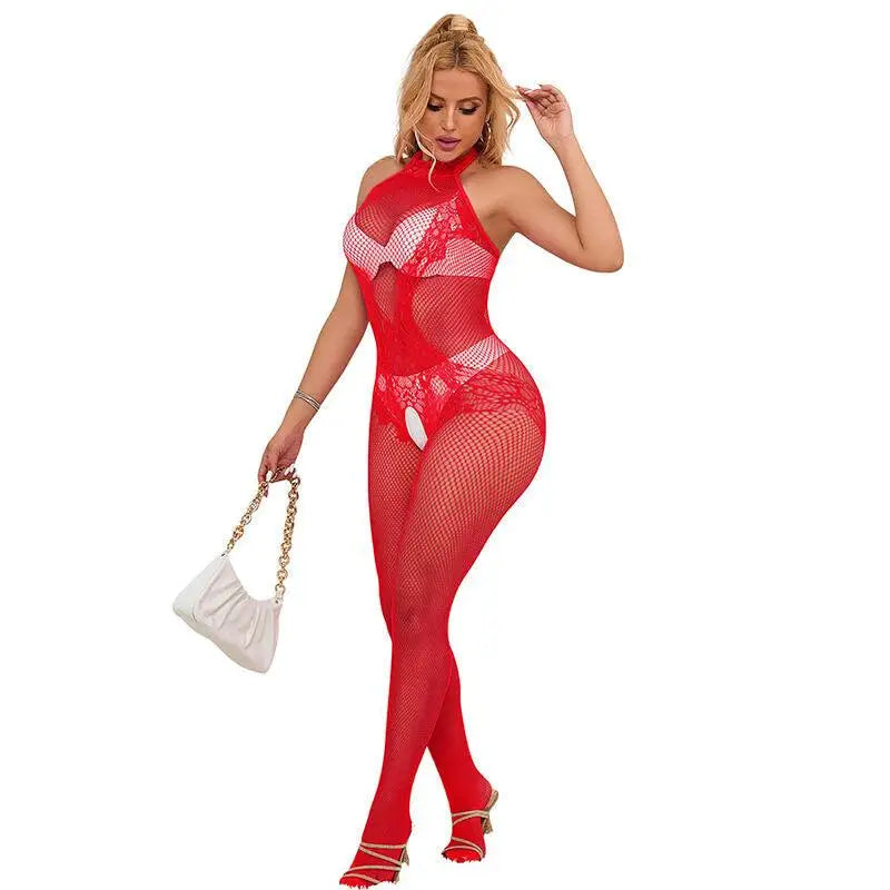 SUBBLIME - 952372 BODYSTOCKING SEM FUNDO DE REDE E RENDA COM GOLA ALTA VERMELHO TAMANHO ÚNICO - Sexshoptuga 