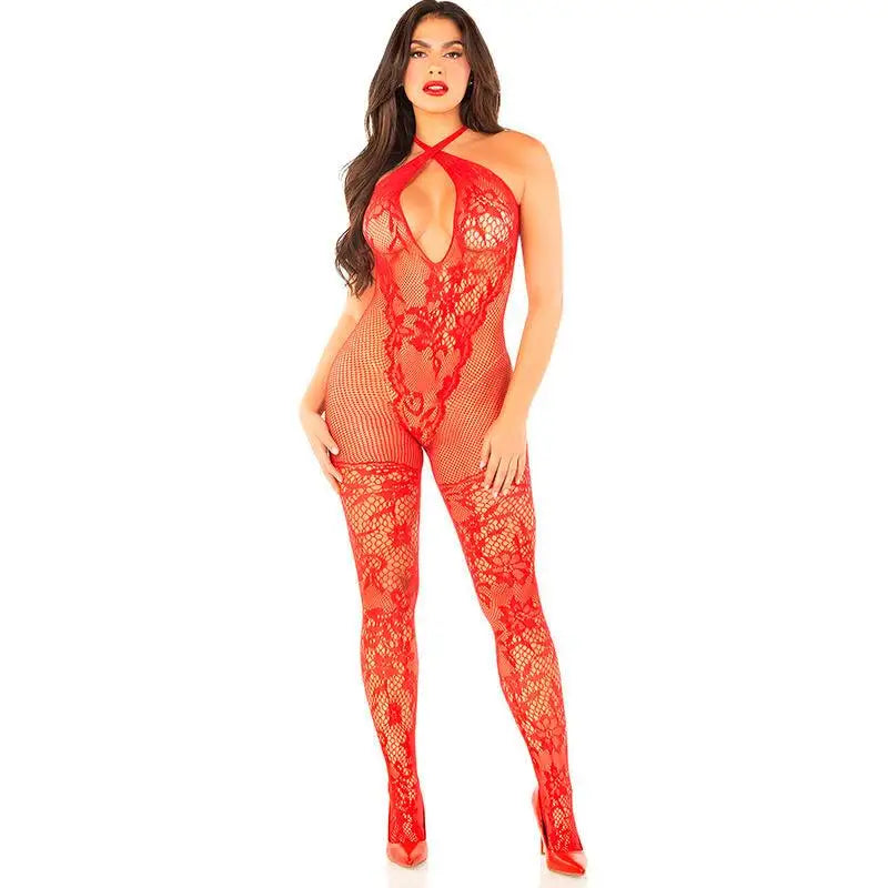 LEG AVENUE - BODYSTOCKING DE MALHA COM ESTAMPA DE FLORES VERMELHO TAMANHO ÚNICO - Sexshoptuga 