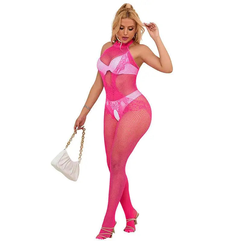 SUBBLIME - 952389 BODYSTOCKING SEM FUNDO DE REDE E RENDA COM GOLA ALTA ROSA TAMANHO ÚNICO - Sexshoptuga 