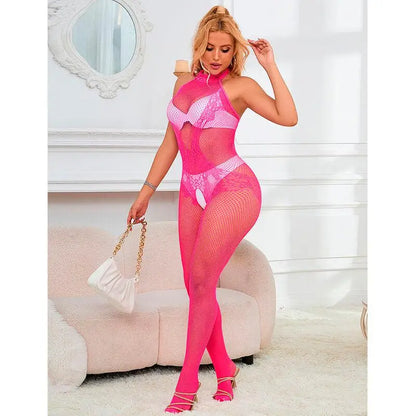 SUBBLIME - 952389 BODYSTOCKING SEM FUNDO DE REDE E RENDA COM GOLA ALTA ROSA TAMANHO ÚNICO - Sexshoptuga 