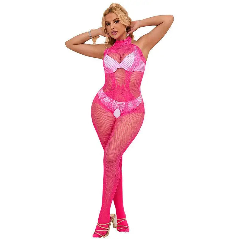 SUBBLIME - 952389 BODYSTOCKING SEM FUNDO DE REDE E RENDA COM GOLA ALTA ROSA TAMANHO ÚNICO - Sexshoptuga 