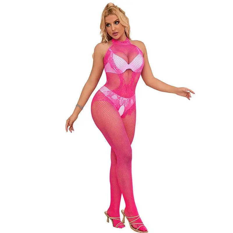 SUBBLIME - 952389 BODYSTOCKING SEM FUNDO DE REDE E RENDA COM GOLA ALTA ROSA TAMANHO ÚNICO - Sexshoptuga 