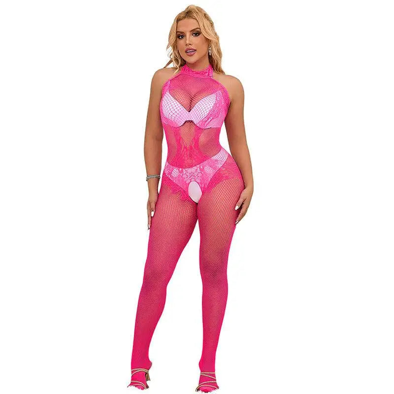 SUBBLIME - 952389 BODYSTOCKING SEM FUNDO DE REDE E RENDA COM GOLA ALTA ROSA TAMANHO ÚNICO - Sexshoptuga 