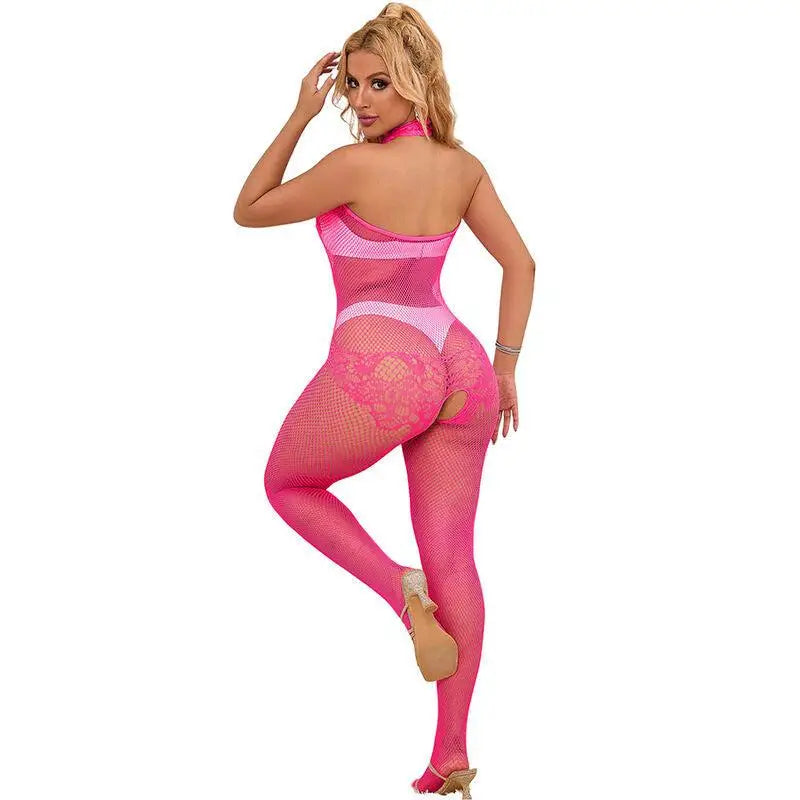 SUBBLIME - 952389 BODYSTOCKING SEM FUNDO DE REDE E RENDA COM GOLA ALTA ROSA TAMANHO ÚNICO - Sexshoptuga 