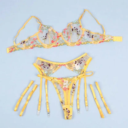 SUBBLIME - 954345 SUTIÃ + TANGA + CINTO-LIGA DESIGN FLORAL AMARELO S/M - Sexshoptuga 