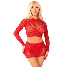 LEG AVENUE - CROPPED DE REDE BRILHANTE + MINI SAIA VERMELHO - Sexshoptuga  Sexshoptuga 