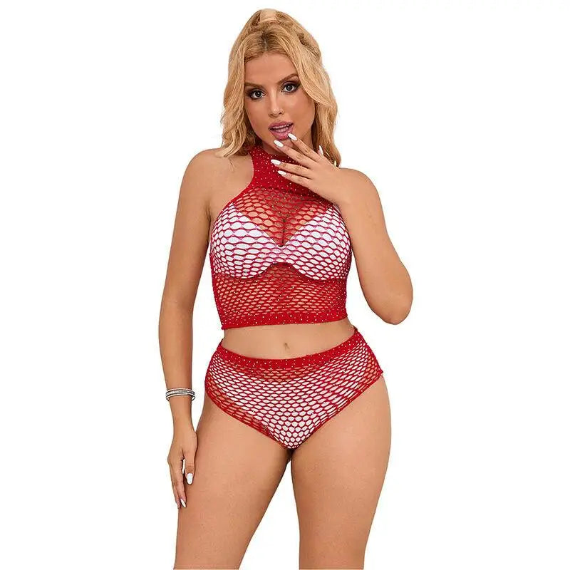 SUBBLIME - 952402 FISHNET SET COM DIAMANTES ROSA TAMANHO ÚNICO - Sexshoptuga 