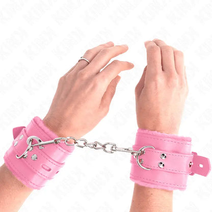 KINK - PULSO FORRO DE PELE COM FUROS QUADRADOS ROSA E CINTO ROSA AJUSTÁVEL 17-29 CM X 6 CM - Sexshoptuga 