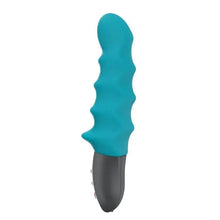 Vibrador com nervuras em azul-petróleo e cinzento. Sexshoptuga 