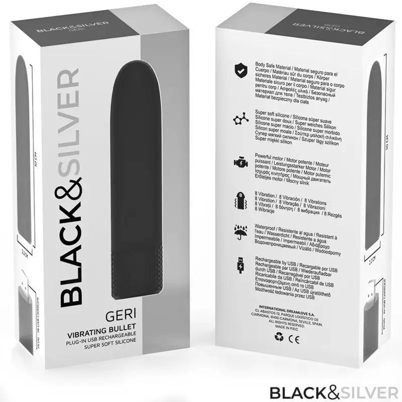 BLACK & SILVER - GERI USB RECARREGÁVEL VIBRATÓRIA BULLET 8 VIBRAÇÕES PRETO 10 X 2,2 CM - Sexshoptuga 