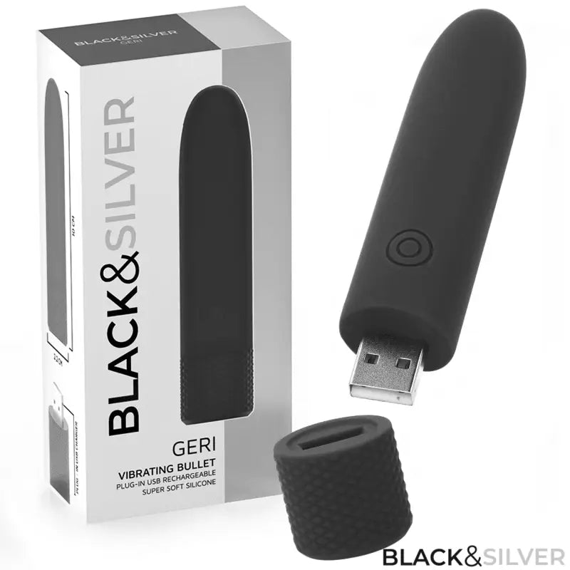 BLACK & SILVER - GERI USB RECARREGÁVEL VIBRATÓRIA BULLET 8 VIBRAÇÕES PRETO 10 X 2,2 CM - Sexshoptuga 