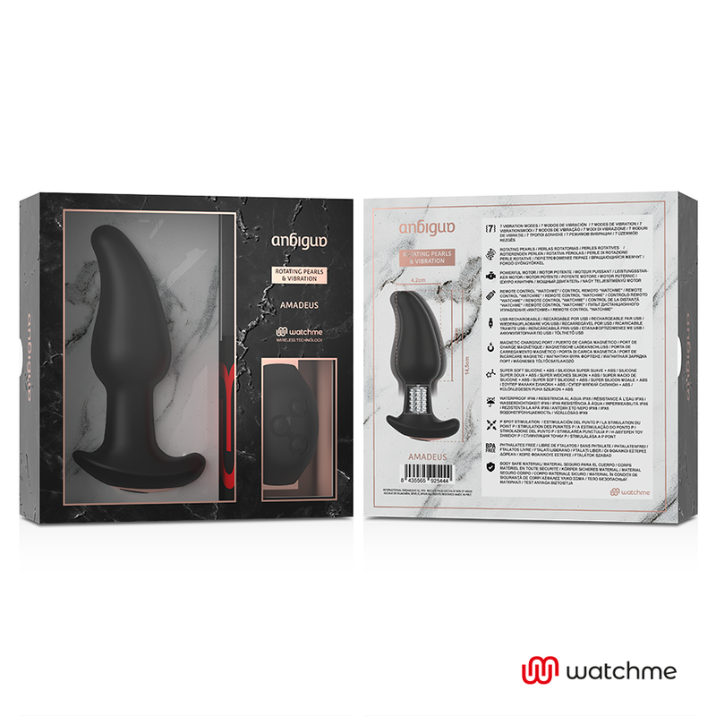 ANBIGUO - VIBRADOR DE PLUG ANAL COM CONTROLE REMOTO WATCHME COM ROTAÇÃO DE PÉROLAS AMADEUS - Sexshoptuga 