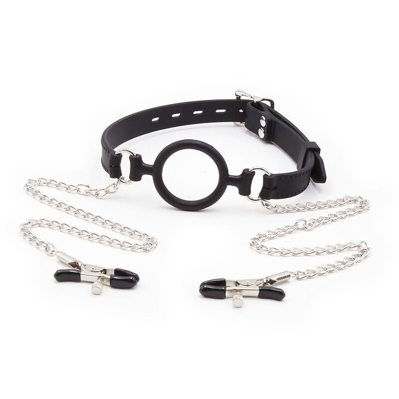 OHMAMA FETISH - RING GAG COM CORRENTES E GRAMPOS DE BICO - Sexshoptuga  Sexshoptuga 