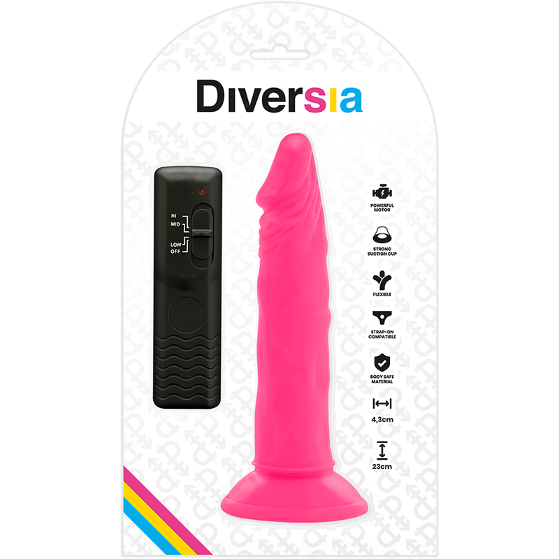 DIVERSIA - DILDO FLEXÍVE COM VIBRAO ROSA 23 CM -O- 4.3 CM - Sexshoptuga  Sexshoptuga 