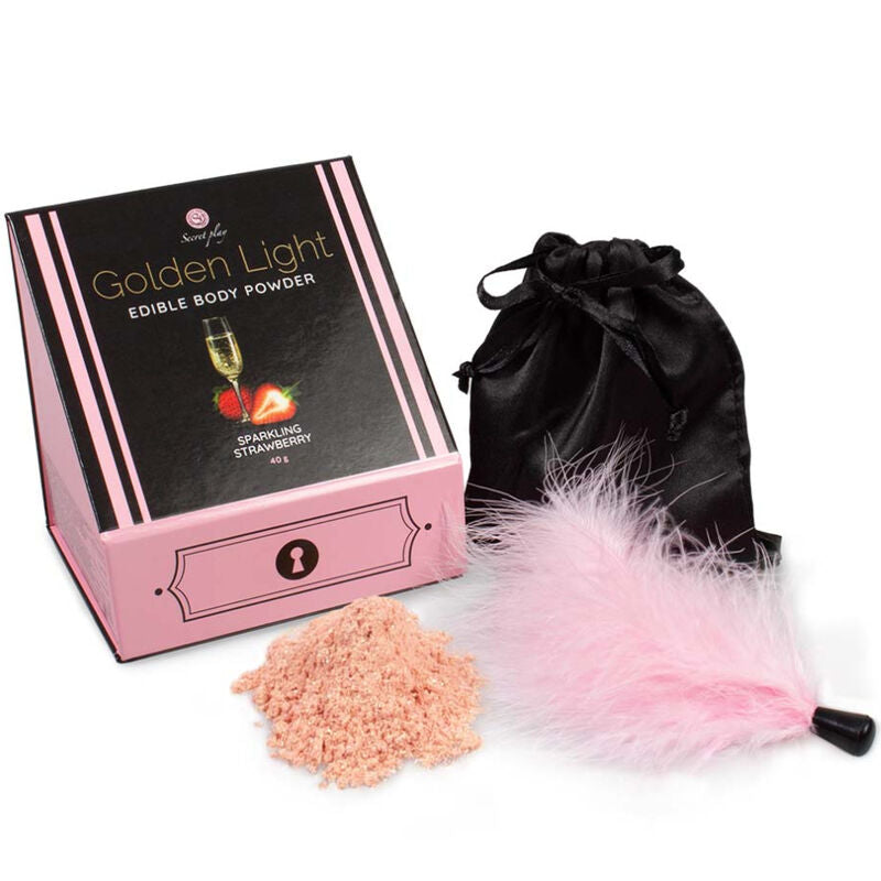 SECRETPLAY - KIT LUZ DOURADA ESPUMANTE PÓ COMESTÍVEL DE MORANGO E PENA - Sexshoptuga  Sexshoptuga 