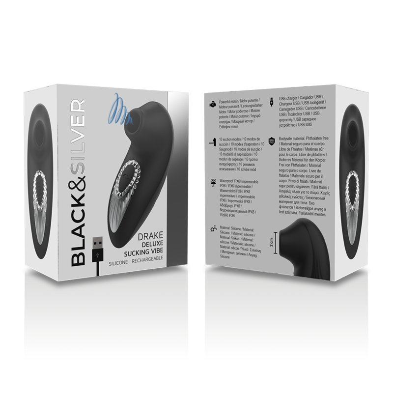 BLACK&SILVER - DRAKE DELUXE SUCKING VIBE SILICONE RECARREGÁVEL PRETO - Sexshoptuga  Sexshoptuga 