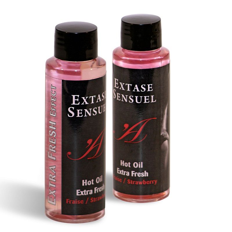 EXTASE SENSUAL - ÓLEO DE MASSAGEM COM EFEITO MORANGO EXTRA FRESCO 100 ML - Sexshoptuga  Sexshoptuga 