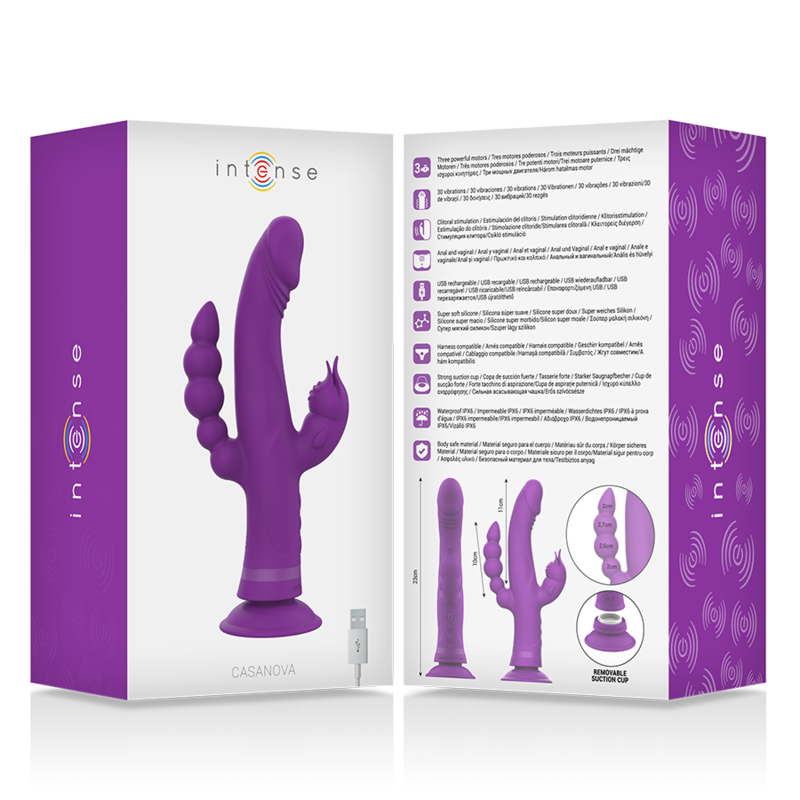 INTENSE - VIBRADOR DE SILICONE CASANOVA COELHO TRIPLO MOTOR ROXO - Sexshoptuga  Sexshoptuga 