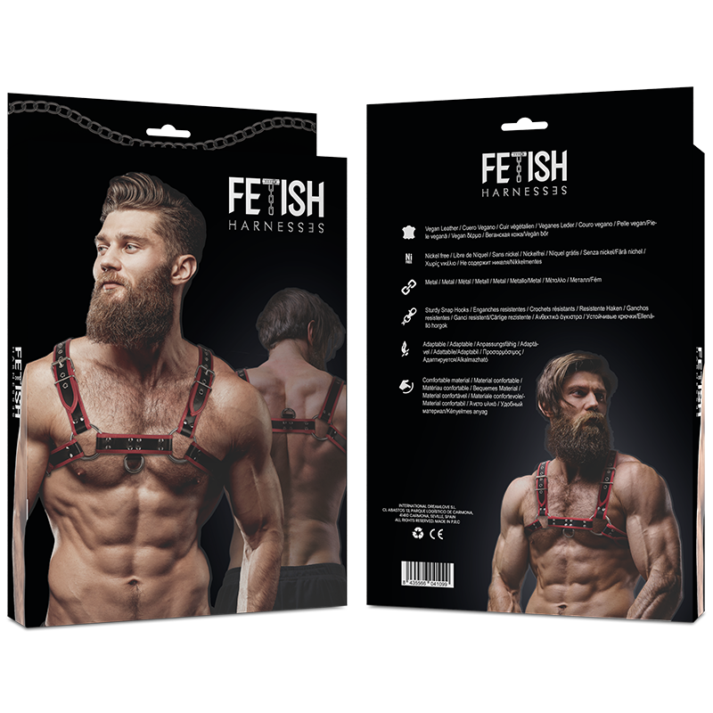 FETISH SUBMISSIVE ATTITUDE - ARNÊS DE PEITO DE COURO ECO MASCULINO PRETO/VERMELHO - Sexshoptuga  Sexshoptuga 