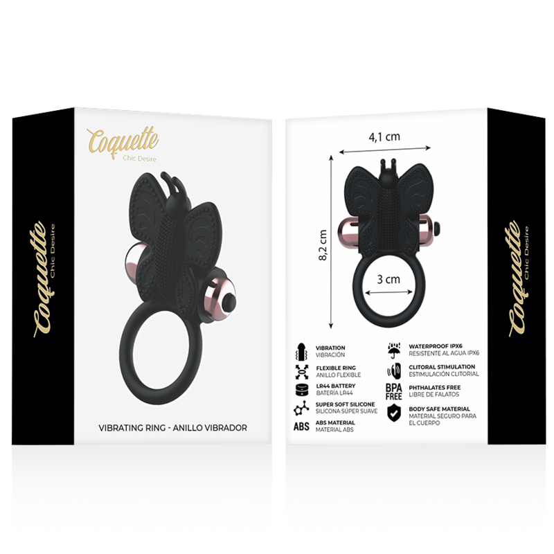 COQUETTE CHIC DESIRE - ANEL BORBOLETA COM VIBRADOR PRETO/ OURO - Sexshoptuga  Sexshoptuga 