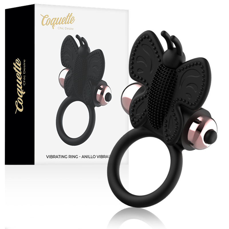 COQUETTE CHIC DESIRE - ANEL BORBOLETA COM VIBRADOR PRETO/ OURO - Sexshoptuga  Sexshoptuga 