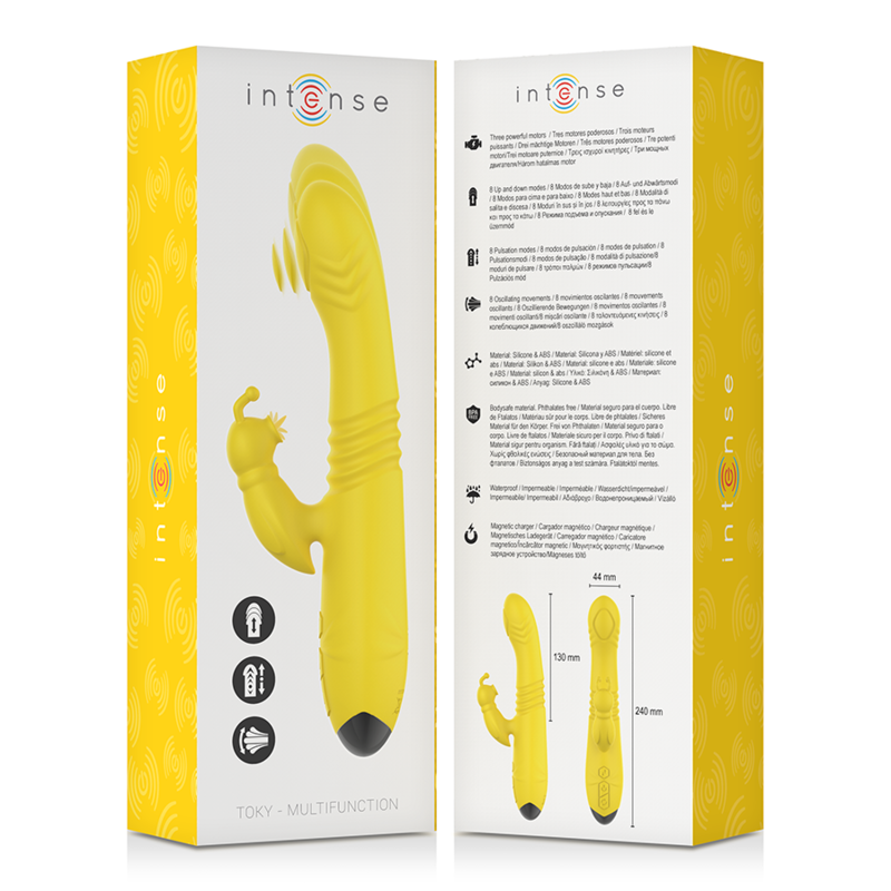 INTENSE - VIBRADOR MULTIFUNO TOKY PARA CIMA E PARA BAIXO COM ESTIMULADOR CLITÓRICO AMARELO - Sexshoptuga 