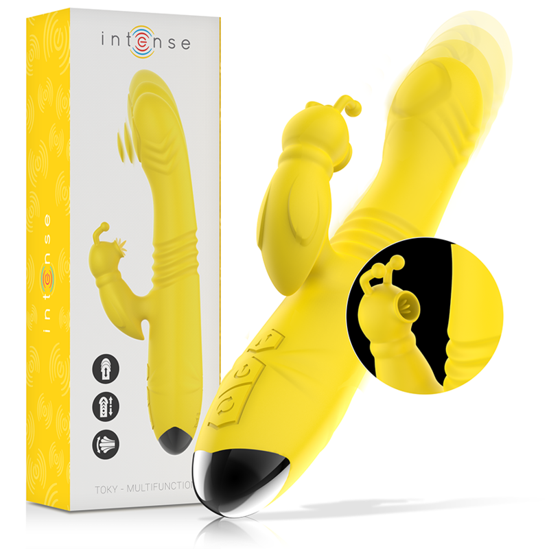 INTENSE - VIBRADOR MULTIFUNO TOKY PARA CIMA E PARA BAIXO COM ESTIMULADOR CLITÓRICO AMARELO - Sexshoptuga 