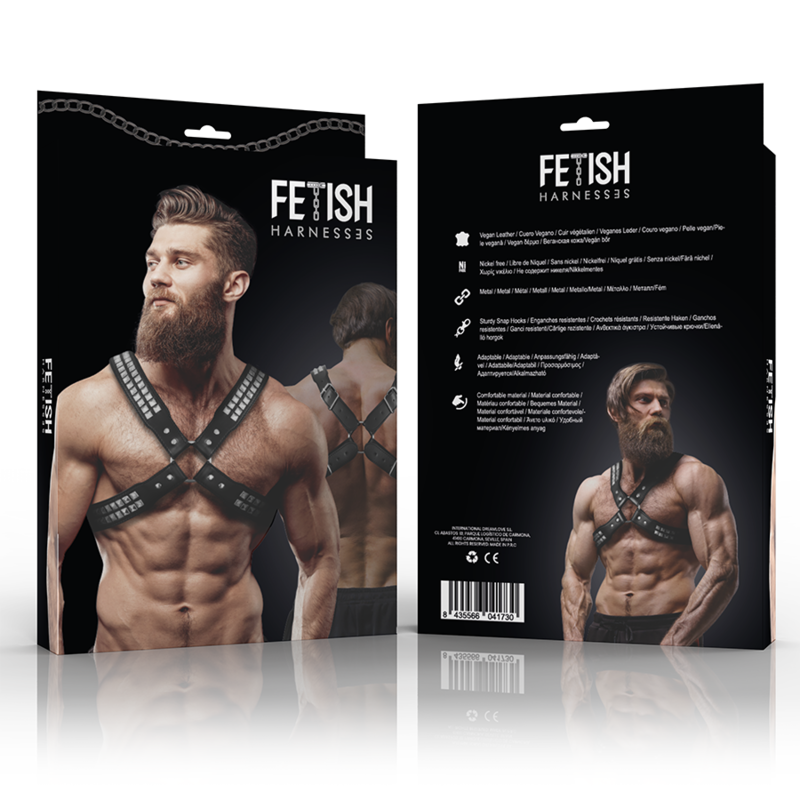 FETISH SUBMISSIVE ATTITUDE - ARNÊS DE COURO ECOLÓGICO DE PEITO CRUZADO PARA HOMEM COM REBITES - Sexshoptuga  Sexshoptuga 