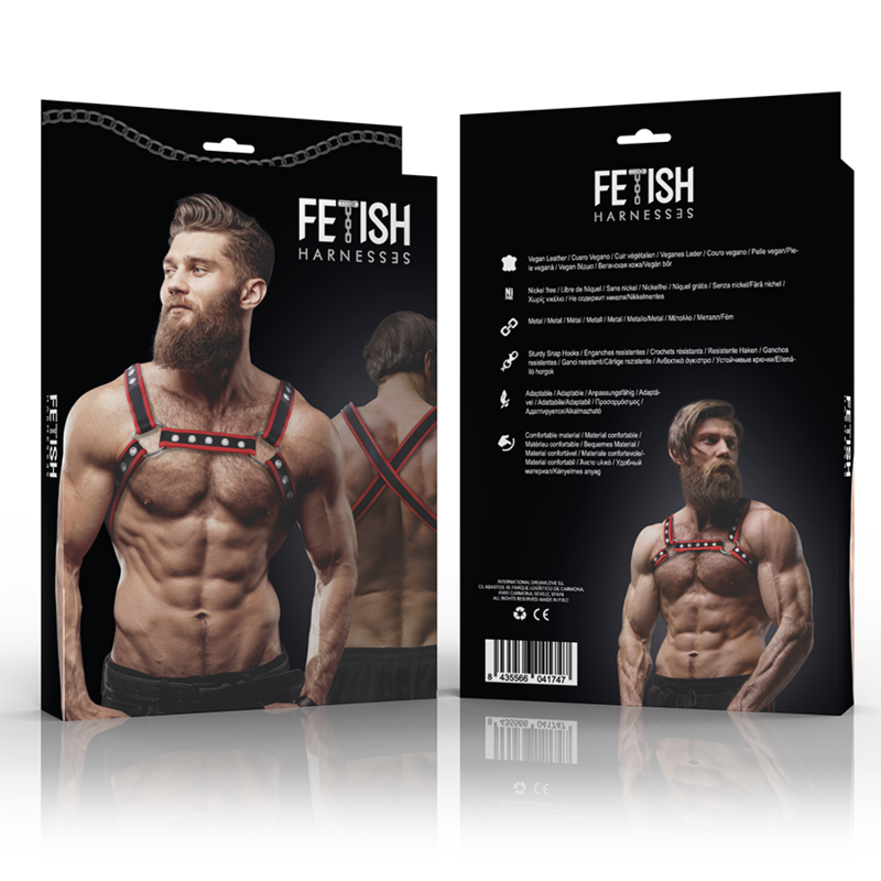 FETISH SUBMISSIVE ATTITUDE - ARNÊS DE BULLDOG DE PEITO DE COURO ECO MASCULINO PRETO/VERMELHO - Sexshoptuga  Sexshoptuga 