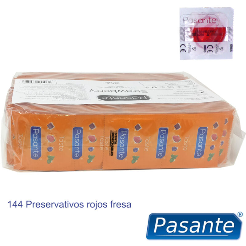 PASANTE - SACO DE PRESERVATIVO SABOR MORANGO 144 UNIDADES - Sexshoptuga  Sexshoptuga 