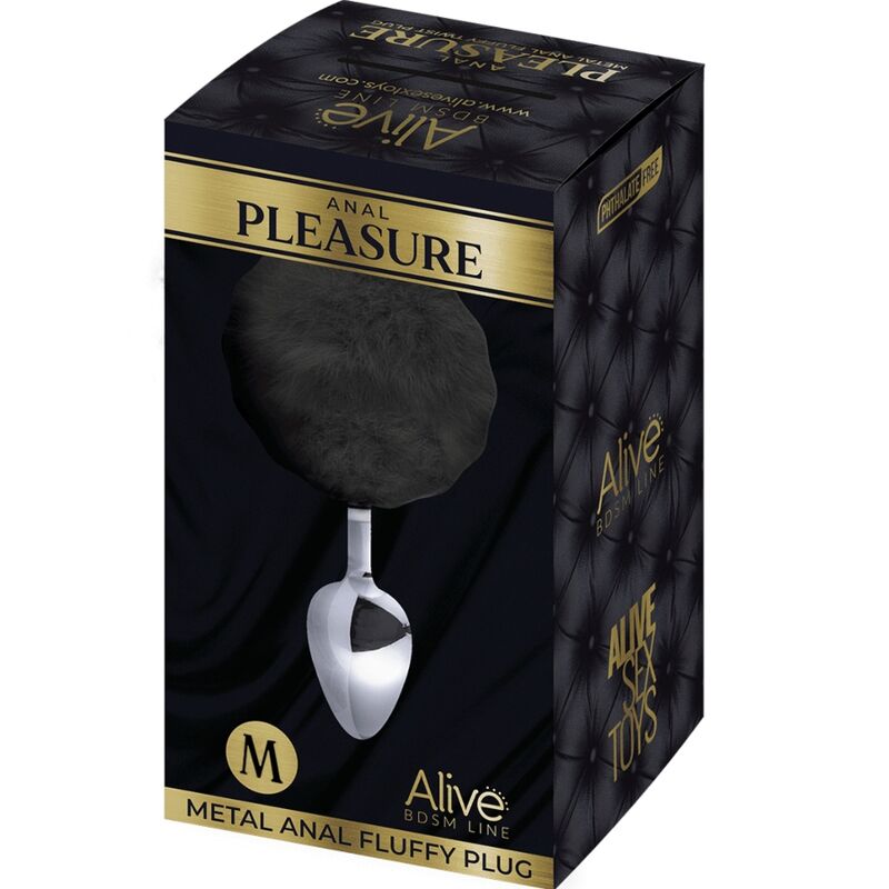 ALIVE - PLUG PRAZER ANAL METAL LISO FLUFFY PRETO TAMANHO M - Sexshoptuga 