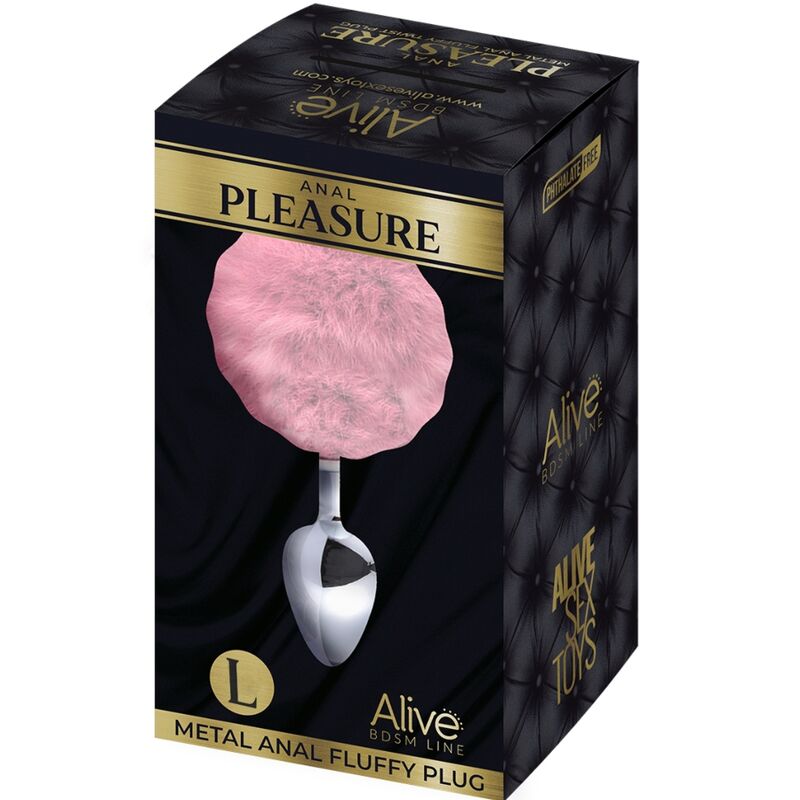 ALIVE - PLUG PRAZER ANAL METAL LISO FLUFFY ROSA TAMANHO L - Sexshoptuga 