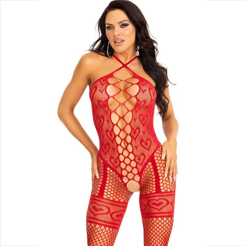 LEG AVENUE - BODYSTOCKING NECK HALTER RED HEARTS RED - Sexshoptuga 