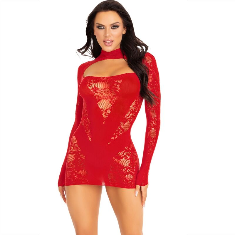 LEG AVENUE - MINI VESTIDO COM RENDA MANGA COMPRIDA VERMELHO - Sexshoptuga 