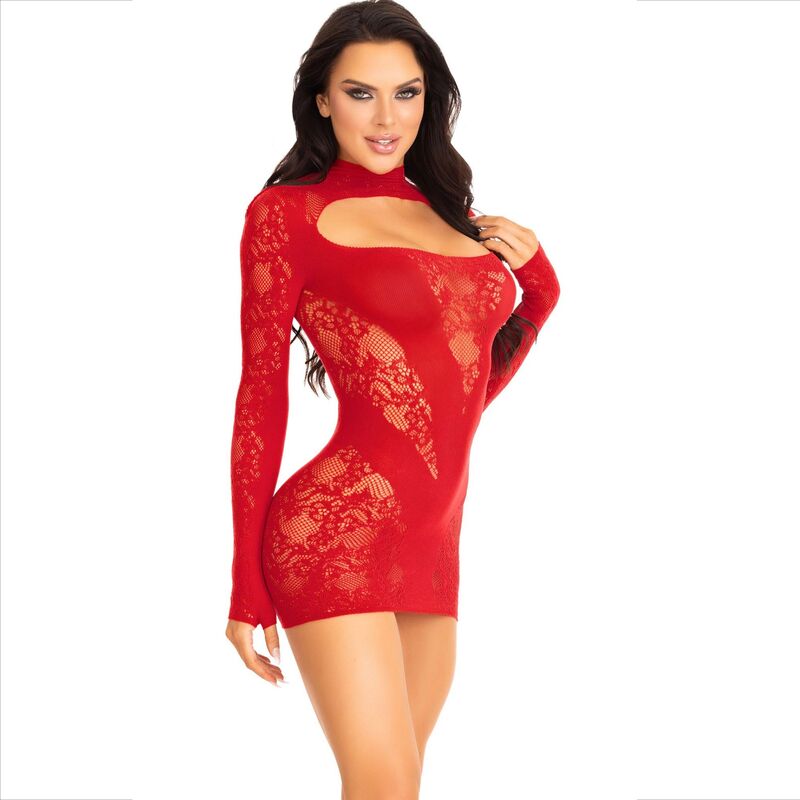 LEG AVENUE - MINI VESTIDO COM RENDA MANGA COMPRIDA VERMELHO - Sexshoptuga 